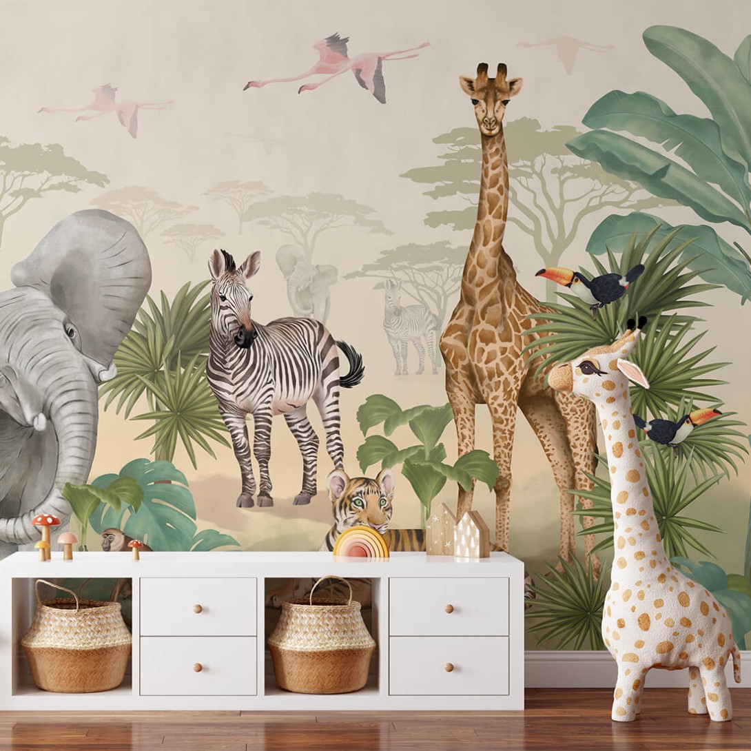 Pastelowelove Safari - mural dziecięcy w egzotyczne zwierzęta i rośliny