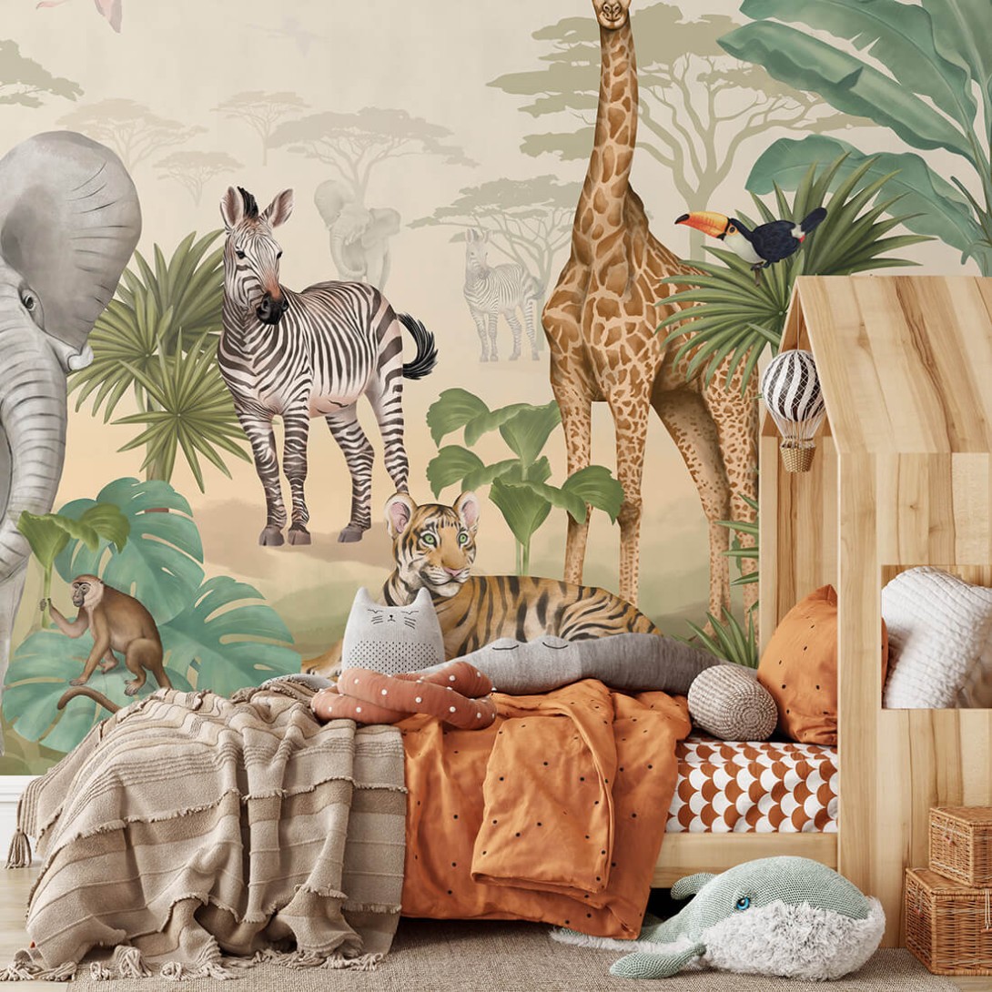 Pastelowelove Safari - mural dziecięcy w egzotyczne zwierzęta i rośliny