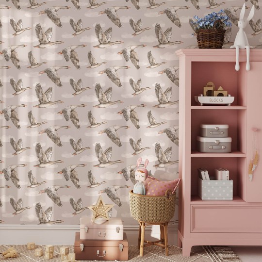Pastelowelove Gąski Beżowa - tapeta dziecięca w ptaki