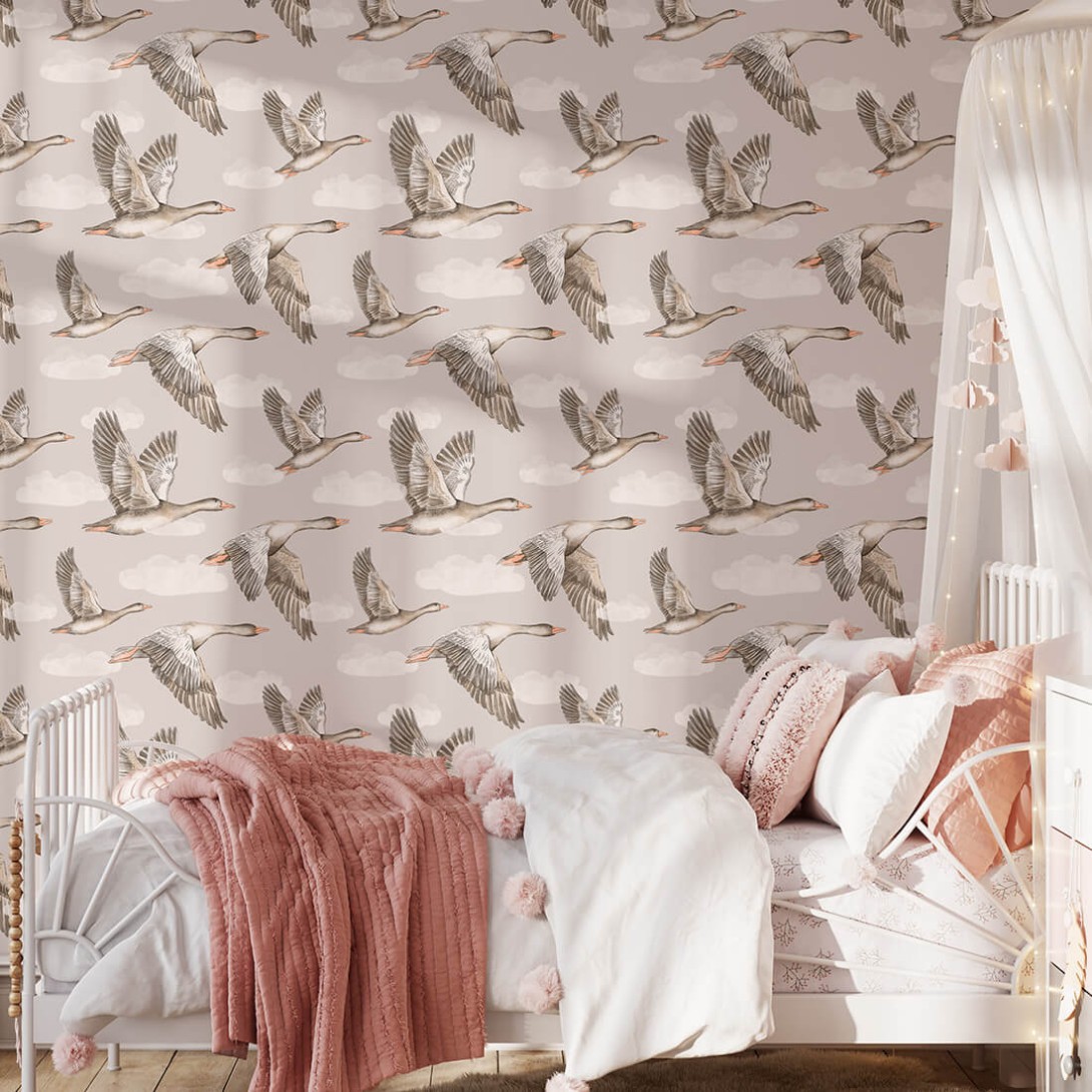 Pastelowelove Gąski Beżowa - tapeta dziecięca w ptaki