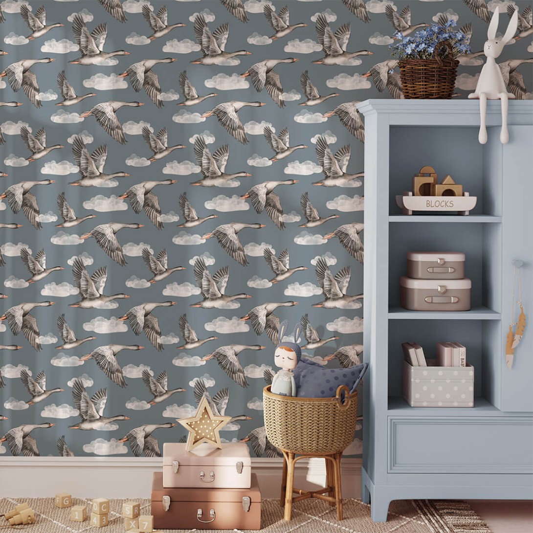 Pastelowelove Gąski Niebieska - tapeta dziecięca w ptaki