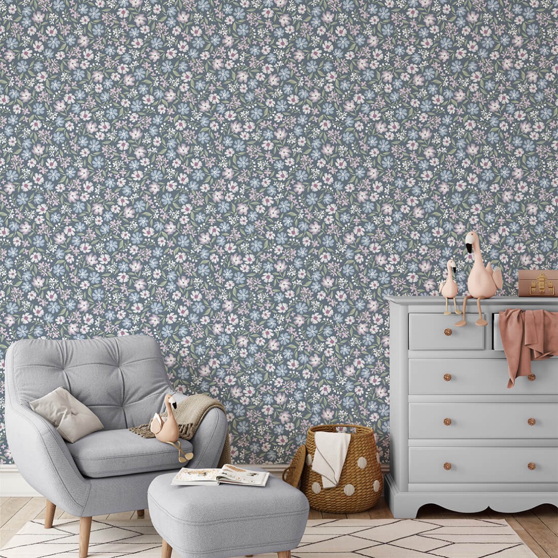 Pastelowelove Stokrotki Niebieska - tapeta dziecięca w kwiaty