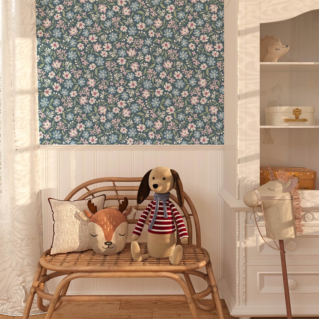 Pastelowelove Stokrotki Niebieska - tapeta dziecięca w kwiaty