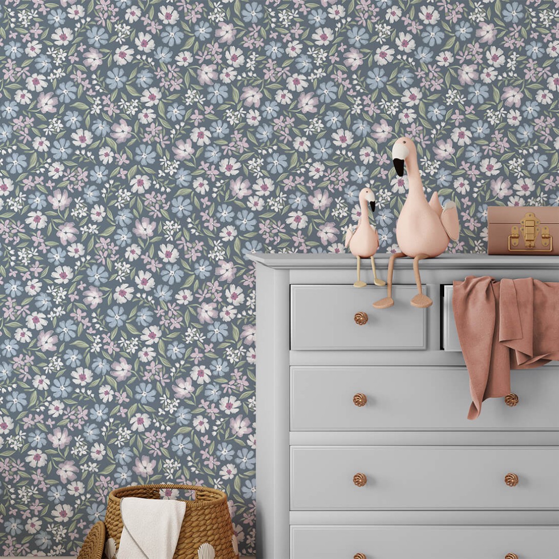 Pastelowelove Stokrotki Niebieska - tapeta dziecięca w kwiaty