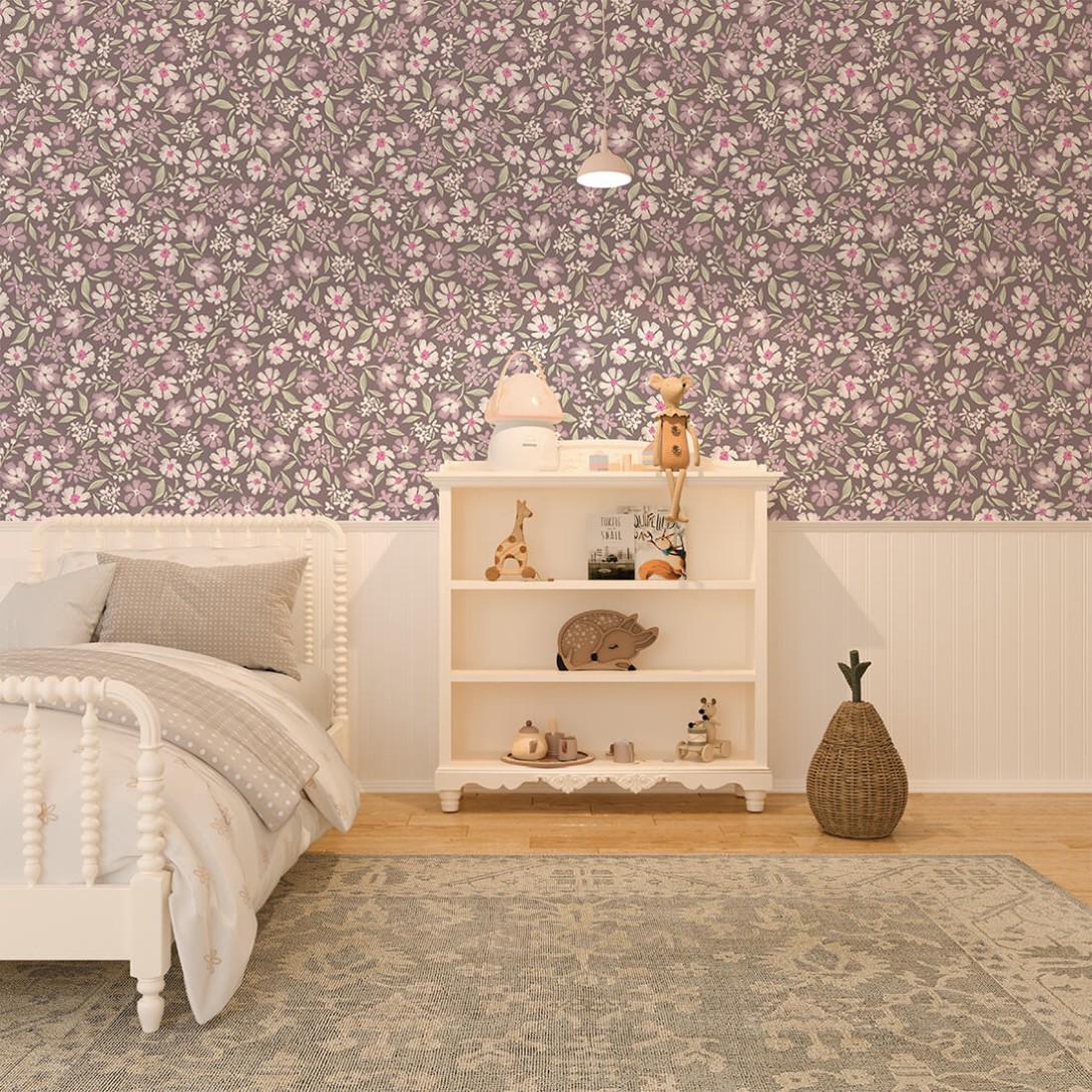 Pastelowelove Stokrotki Śliwkowa - tapeta dziecięca w kwiaty
