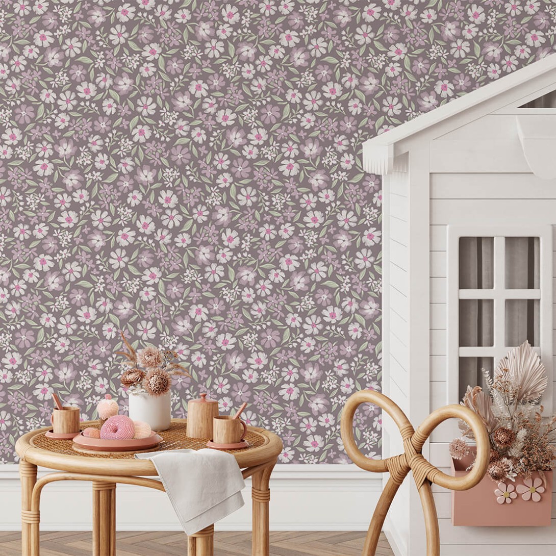Pastelowelove Stokrotki Śliwkowa - tapeta dziecięca w kwiaty