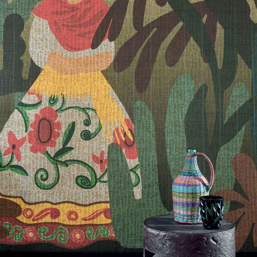 Elitis VP 919 01 Natural mood La passion de Diego - mural w Fridę Kahlo z efektem plecionej wikliny
