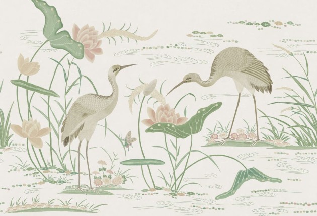 Sandberg S10550 Chinoiserie Garden Seabirds Green - mural rajski ogród z wodnymi ptakami