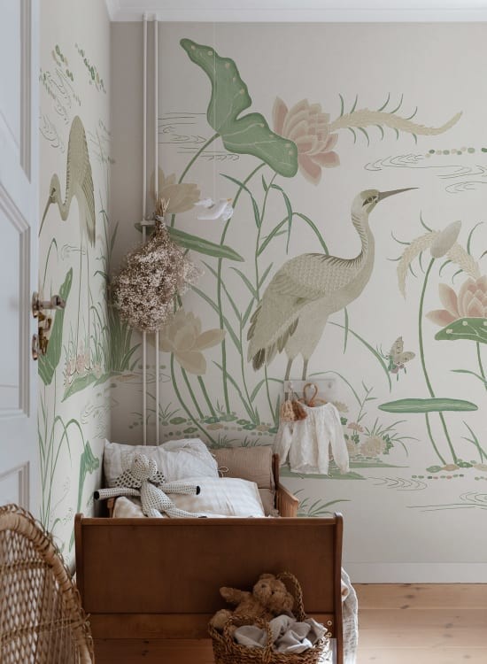 Sandberg S10550 Chinoiserie Garden Seabirds Green - mural rajski ogród z wodnymi ptakami