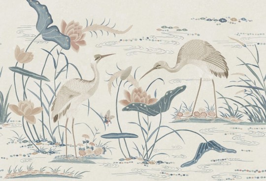 Sandberg S10551 Chinoiserie Garden Seabirds Misty Blue - mural rajski ogród z wodnymi ptakami