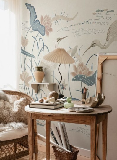 Sandberg S10551 Chinoiserie Garden Seabirds Misty Blue - mural rajski ogród z wodnymi ptakami
