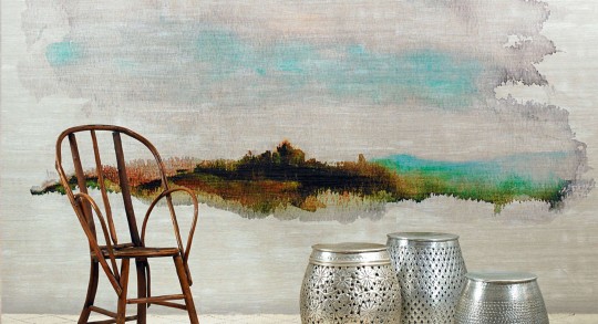Elitis VP 892 01 Eldorado Sauvage - mural w pejzaż jeziora o strukturze splotu abaki