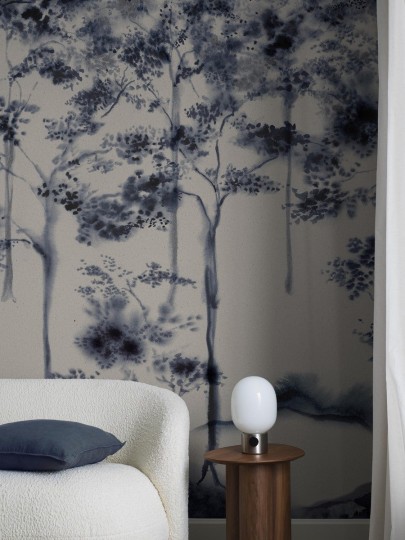 Boras Tapeter 9651W Studio Ink Forest Blue - mural w sylwetki drzew z tuszu