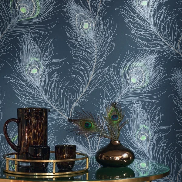 Casadeco 201076721 Annees Folles Revue Bleu Petrole - tapeta w pawie pióra
