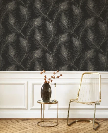 Casadeco 201079957 Annees Folles Revue Noir Fusain Or - tapeta w pawie pióra