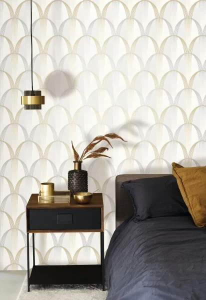 Casadeco 201046810 Annees Folles Entree Des Artistes Bleu Encre Terracotta - tapeta geometryczne łuki w stylu art deco