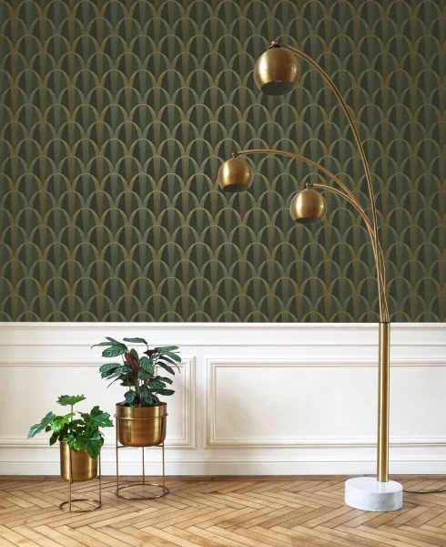 Casadeco 201046810 Annees Folles Entree Des Artistes Bleu Encre Terracotta - tapeta geometryczne łuki w stylu art deco