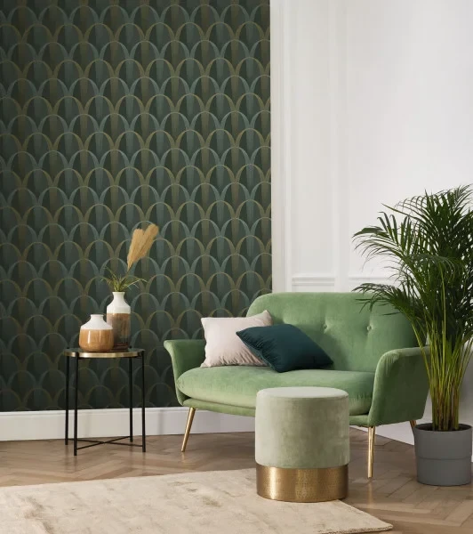 Casadeco 201046810 Annees Folles Entree Des Artistes Bleu Encre Terracotta - tapeta geometryczne łuki w stylu art deco