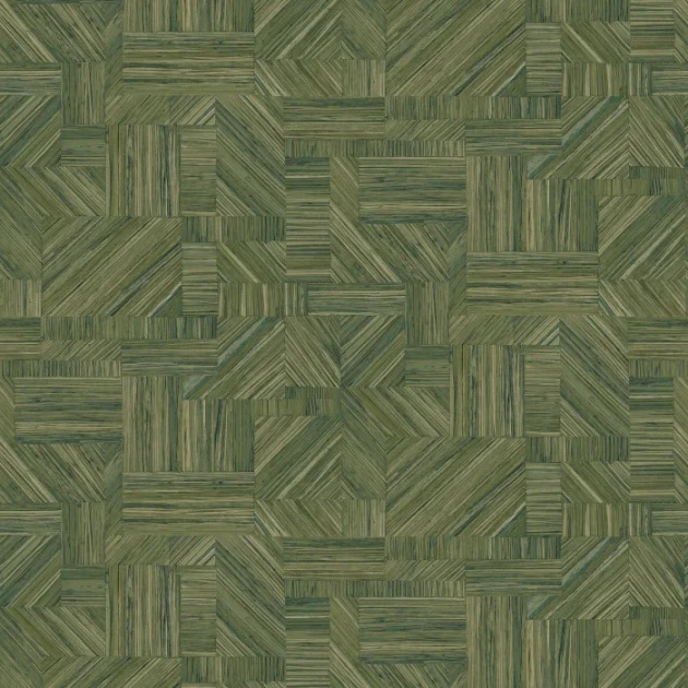 Casamance 76892140 Nature Sur Mesure - Textures Imbrication Vert Mousse - tapeta geometryczna imitująca słomiany patchwork