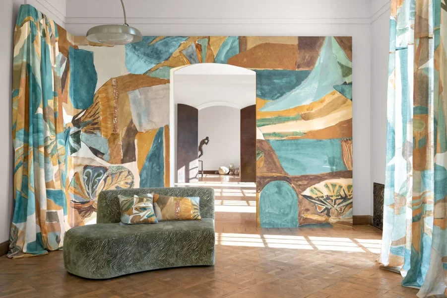 Casamance 71590406 Exploration Jardin Danse Bleu persan ambre - tekstylny mural w abstrakcyjny motyw