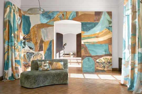 Casamance 71590406 Exploration Jardin Danse Bleu persan ambre - tekstylny mural w abstrakcyjny motyw