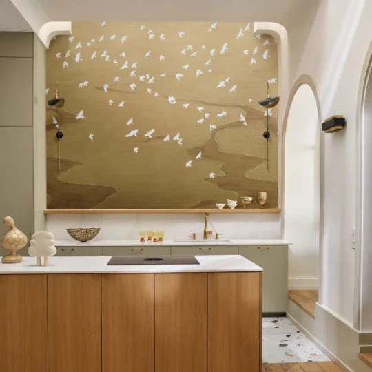 Casamance 76730610 Panoramas 4 Migration Marine/doré - mural w lecące ptaki