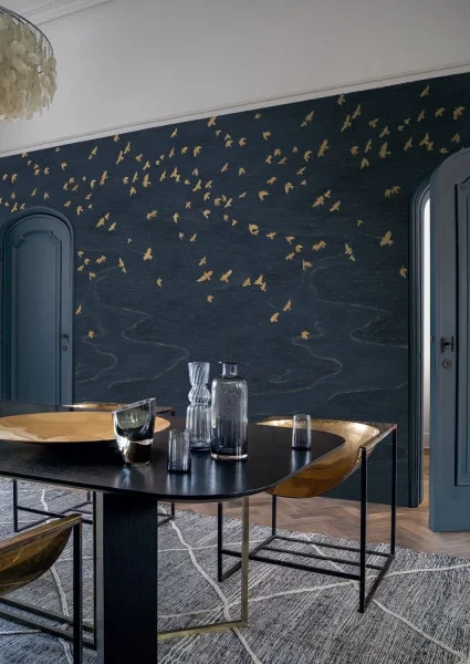 Casamance 76730610 Panoramas 4 Migration Marine/doré - mural w lecące ptaki