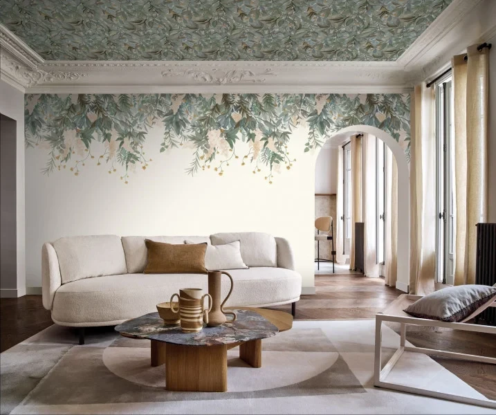 Casamance 76802242 Panoramas 4 Wisteria Ivoire/vert amande - mural w liście glicynii