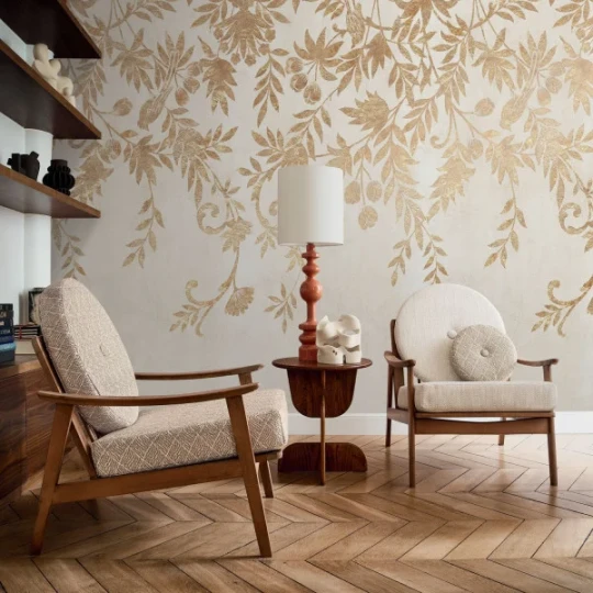 Casamance 76740712 Panoramas 4 Jardin De Diane Ivoire/doré - mural w liście i ptaki z motywem arabeski