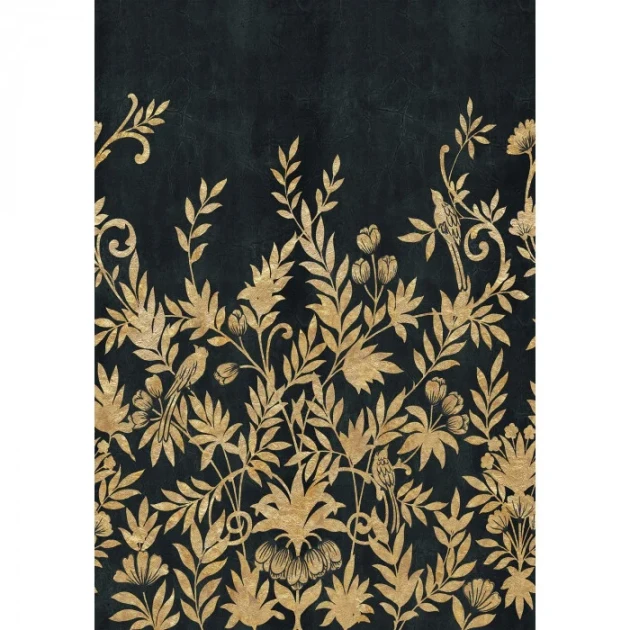 Casamance 76740916 Panoramas 4 Jardin De Diane Noir/doré - mural w liście i ptaki z motywem arabeski