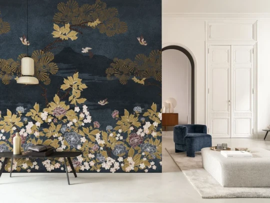 Casamance A75354180 Panoramas 2 Kansai Bleu/doré - mural w japoński ogród
