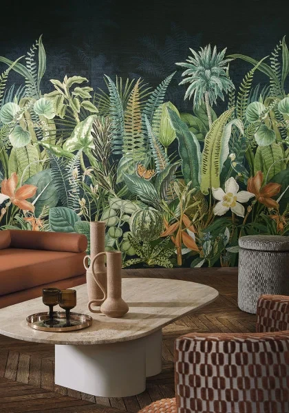 Casamance 75662036 Panoramas 2 Daintree Bleu marine/vert mousse - mural strukturalny w tropikalny las