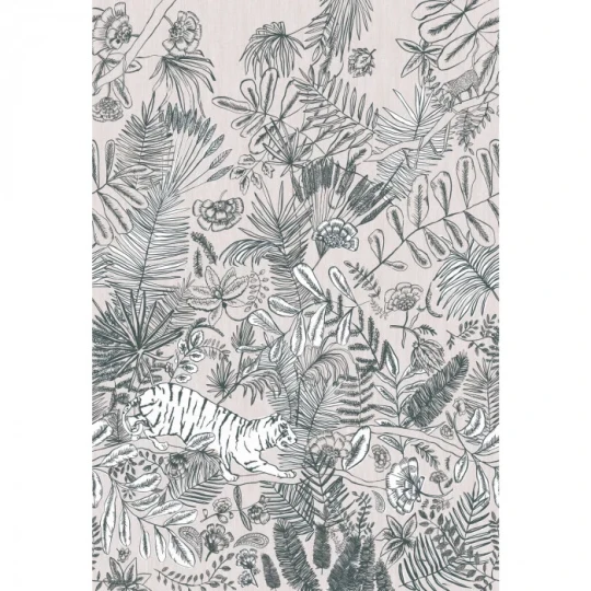 Casamance 74543582 Panoramas Pashu Blanc - mural w egzotyczną roślinność i tygrysy