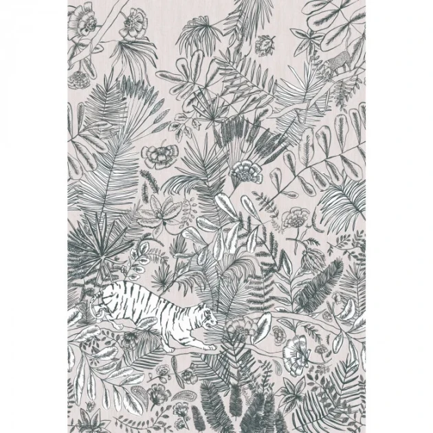 Casamance 74543582 Panoramas Pashu Blanc - mural w egzotyczną roślinność i tygrysy