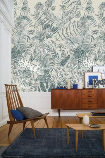 Casamance 74543582 Panoramas Pashu Blanc - mural w egzotyczną roślinność i tygrysy