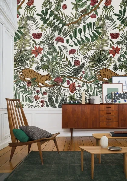 Casamance 74543786 Panoramas Pashu Multicolore - mural w egzotyczną roślinność i tygrysy