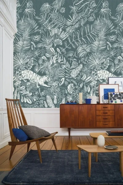 Casamance 74543684 Panoramas Pashu Bleu - mural w egzotyczną roślinność i tygrysy