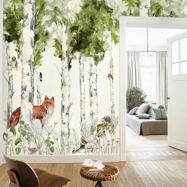 Casamance 74941324 Panoramas Sylvania Blanc/vert mousse - ręcznie malowany mural w leśny krajobraz