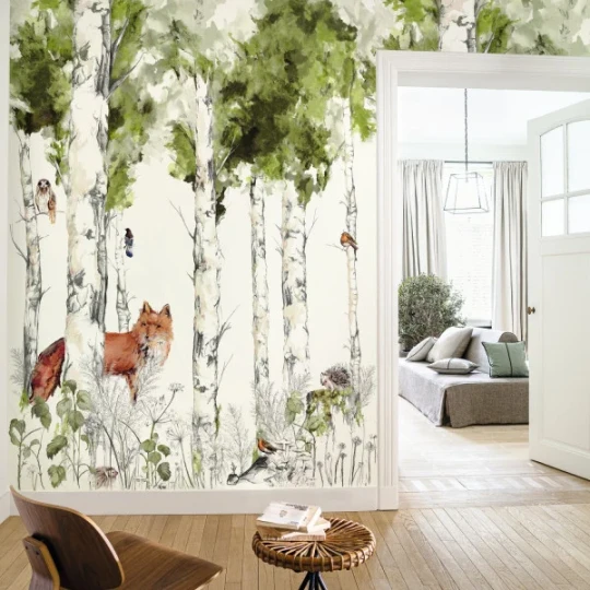 Casamance 74941324 Panoramas Sylvania Blanc/vert mousse - ręcznie malowany mural w leśny krajobraz