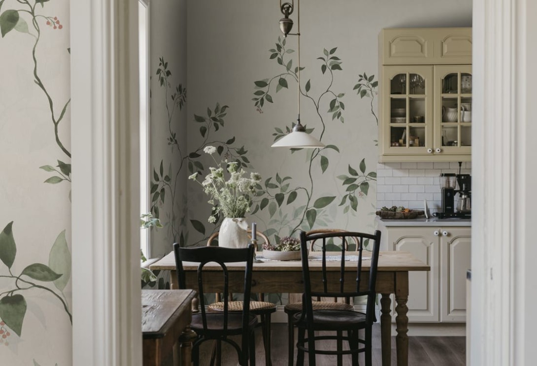 Sandberg S10518 Tradgarden Josefine Green - mural w łodygi malowane akwarelą