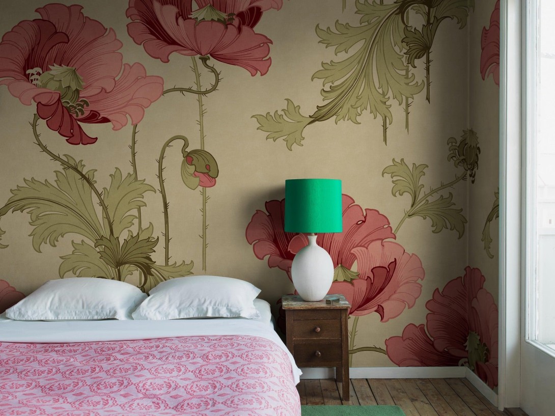 Boras Tapeter 9654W Vallmo Grand Red - mural w maki i liście