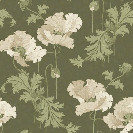 Boras Tapeter 9655W Vallmo Grand Green - mural w maki i liście