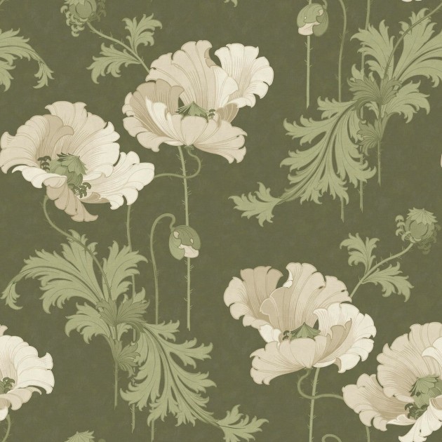 Boras Tapeter 9655W Vallmo Grand Green - mural w maki i liście