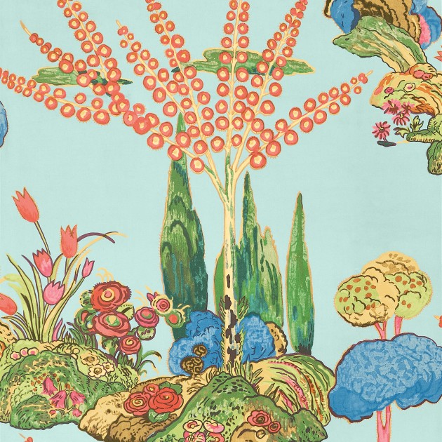 Thibaut T45030 Wanderlust Orleans Turquoise - tapeta w drzewa i kwiaty