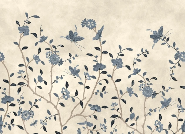 Rebel Walls R20358 Poetic Whispering Petals Blue - mural w ręcznie malowane kwiaty
