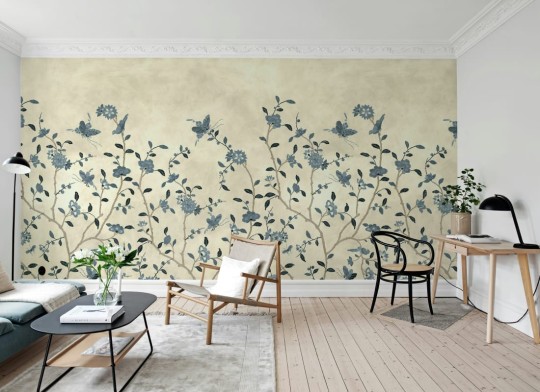 Rebel Walls R20358 Poetic Whispering Petals Blue - mural w ręcznie malowane kwiaty