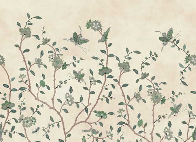 Rebel Walls R20361 Poetic Whispering Petals Green - mural w ręcznie malowane kwiaty