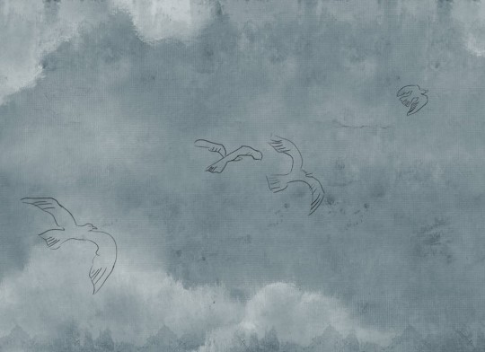 Rebel Walls R21012 Poetic Wings Over Horizon Blue - mural w ręcznie malowany pejzaż nieba i ptaki