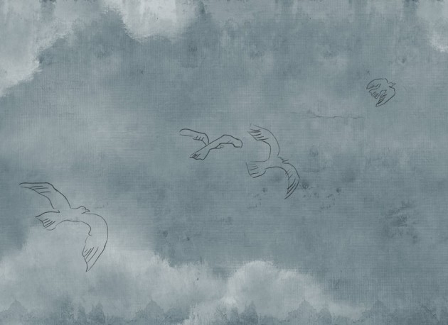 Rebel Walls R21012 Poetic Wings Over Horizon Blue - mural w ręcznie malowany pejzaż nieba i ptaki