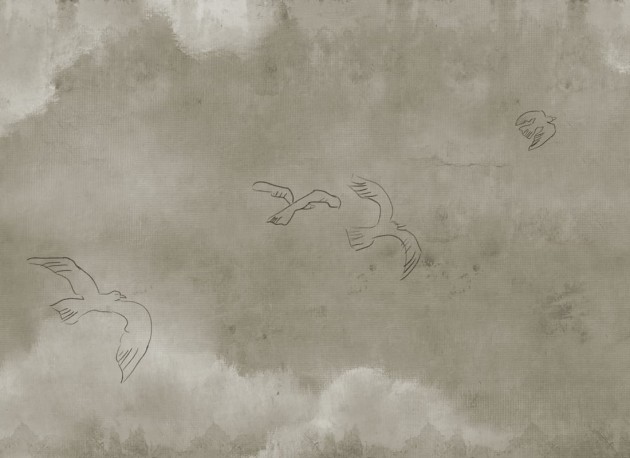 Rebel Walls R21013 Poetic Wings Over Horizon Beige - mural w ręcznie malowany pejzaż nieba i ptaki